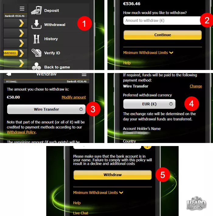 888 Casino withdrawal process steps interface