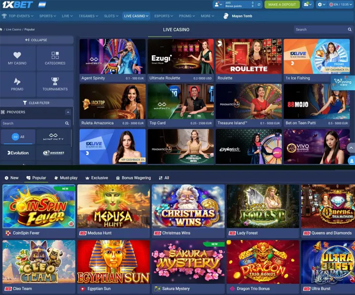 1xBet casino lobby slots and live games