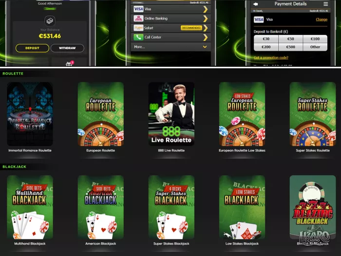 888 Casino deposit options and table games interface