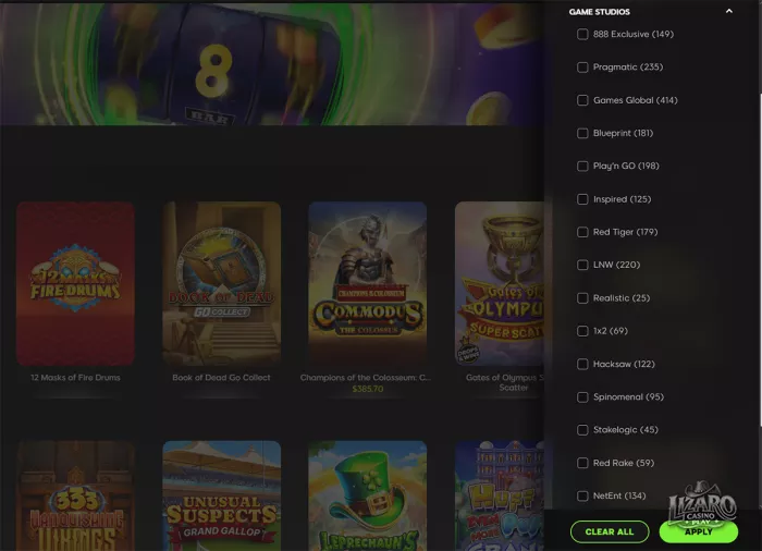 888 Casino game providers filter list