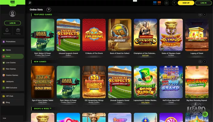 888 Casino slots lobby interface