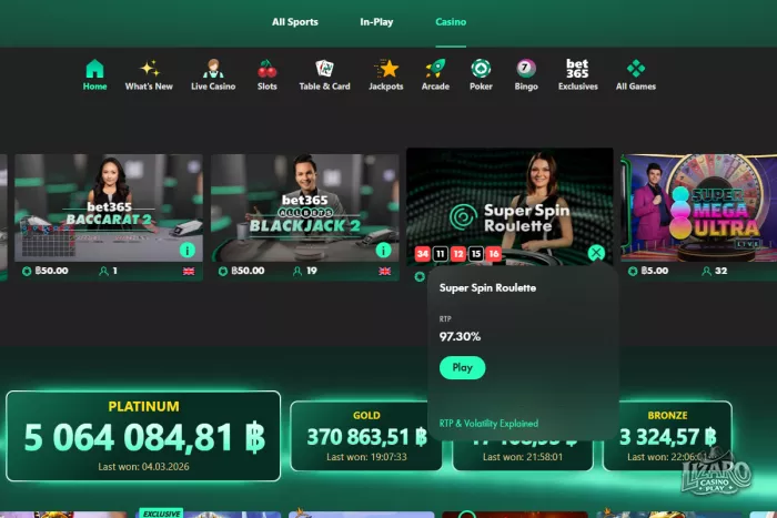 Bet365 live casino games and RTP info
