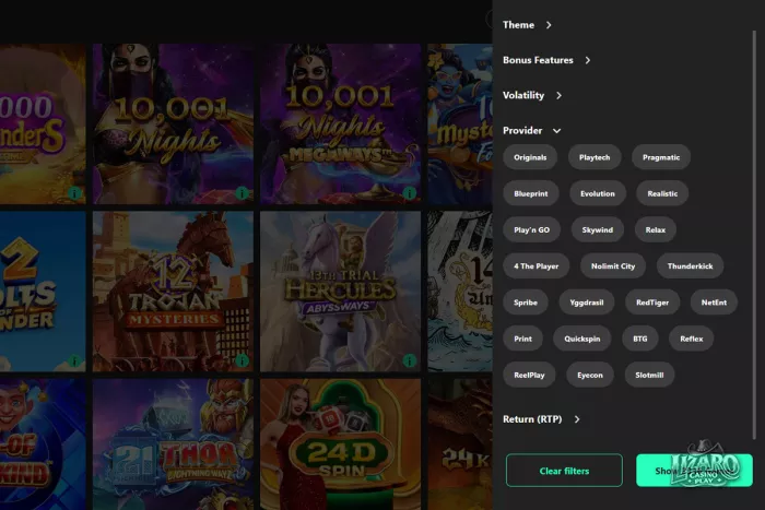 Bet365 casino game providers filter panel