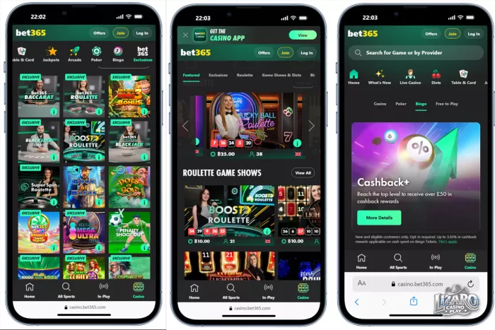 Bet365 mobile casino app and web interface