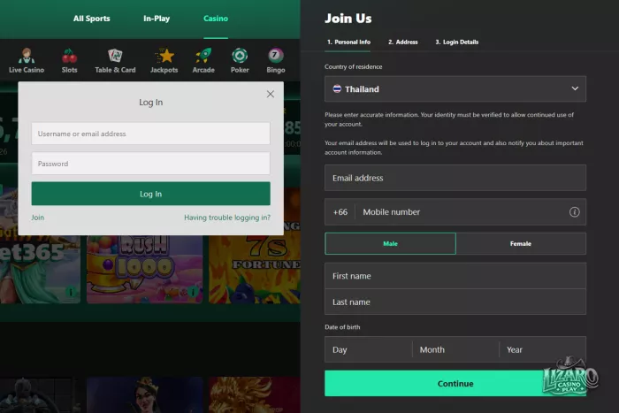 Bet365 casino registration login account interface