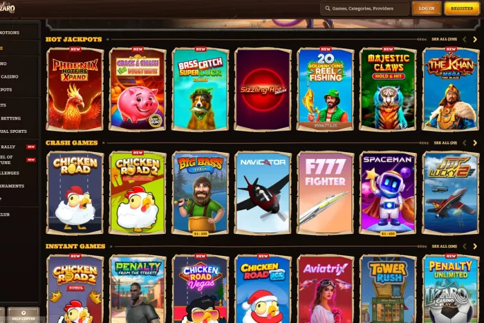 Lizaro Casino slot games and crash games lobby