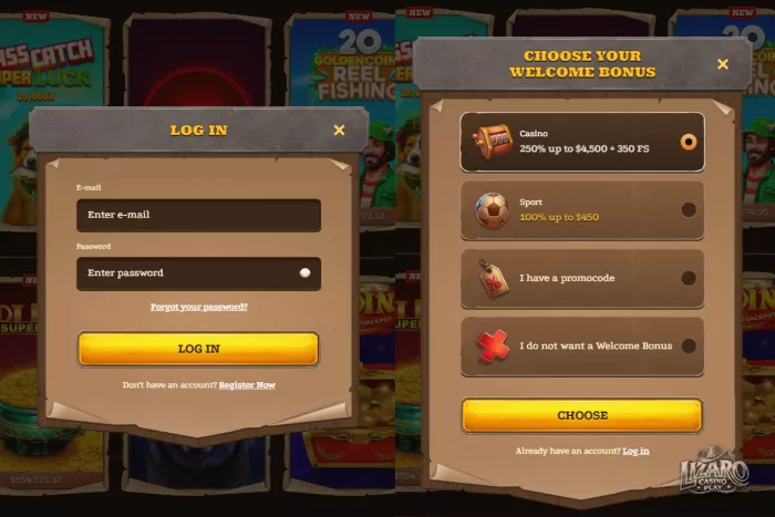 Lizaro Casino login and welcome bonus screen
