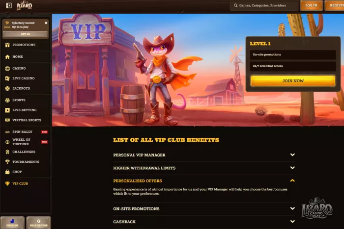 Lizaro Casino VIP club rewards and benefits page