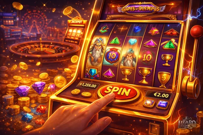 Online slot machine gameplay with spinning reels in Lizaro Casino