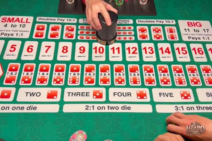 Sic bo betting table layout with dice shaker