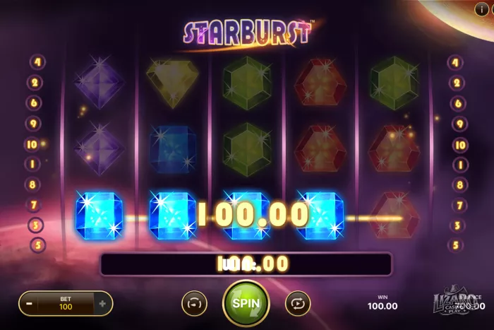 Starburst online slots machine winning combination with blue gems