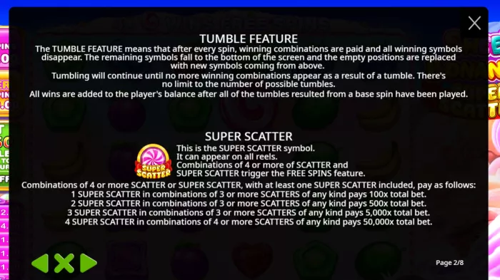 Sweet Bonanza Super Scatter bonus rules screen