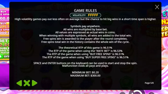 Sweet Bonanza Super Scatter slot RTP volatility rules