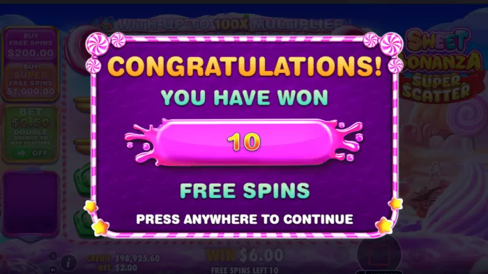Sweet Bonanza Super Scatter free spins bonus triggered
