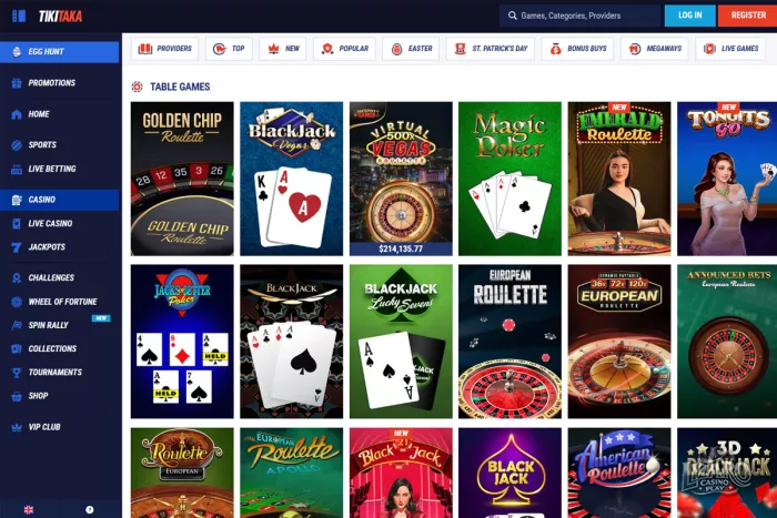 Tikitaka casino table games lobby with roulette and blackjack titles