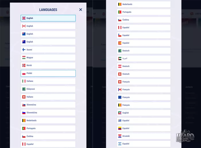 Tikitaka casino language selection menu with multiple regional options