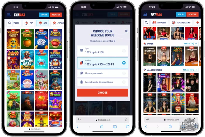 Tikitaka casino mobile website interface on smartphone