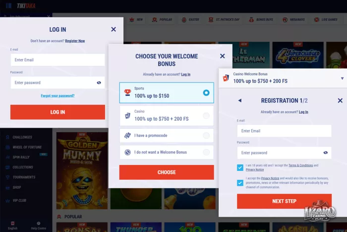 Tikitaka casino registration and login screens