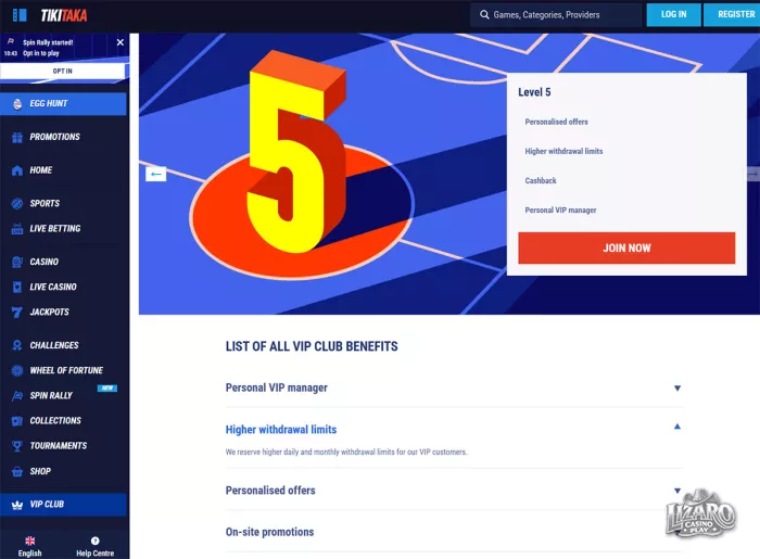 Tikitaka casino VIP level 5 rewards