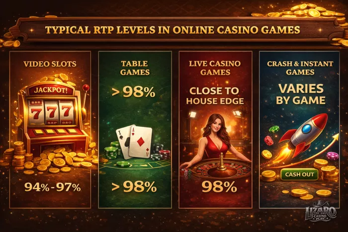Typical RTP levels in online casino games infographic