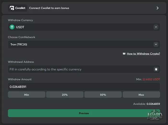 BC.Game crypto withdrawal settings screen